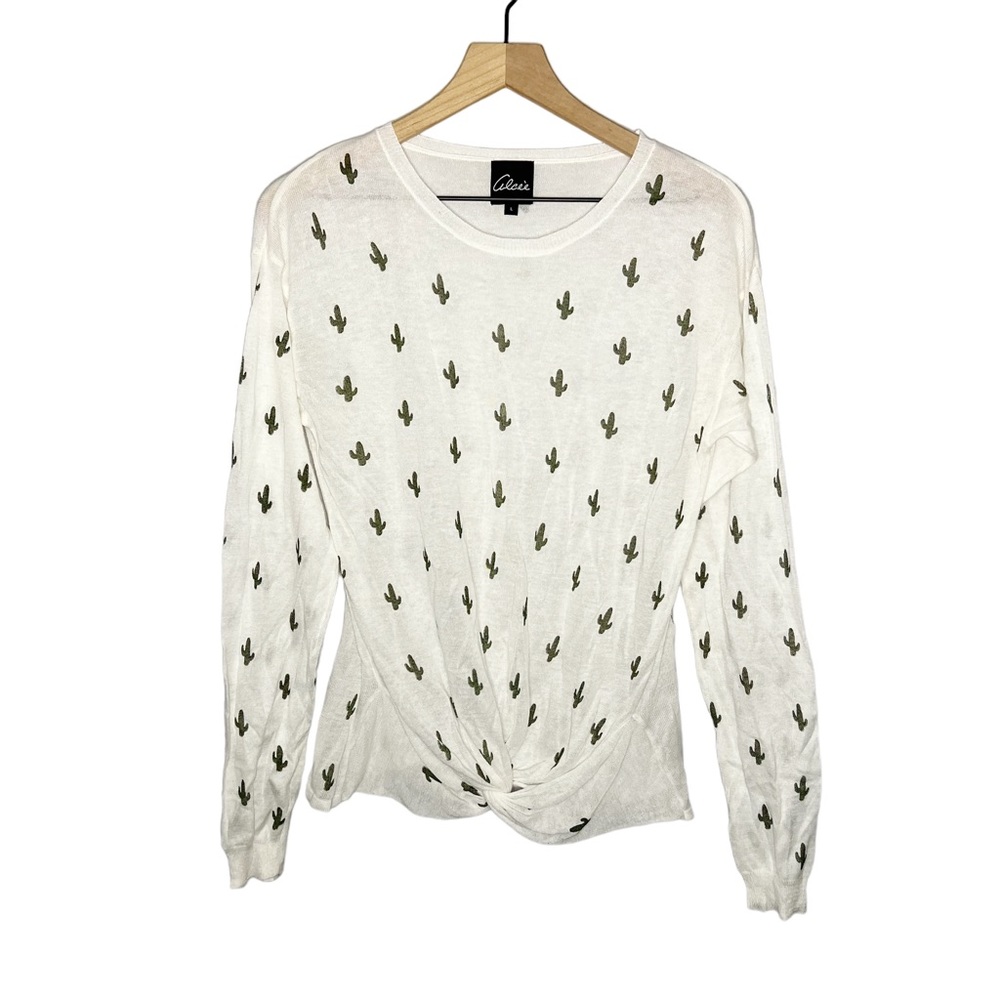 Alcee Linen Blend Cactus Print Twist Hem Lightweight Sweater in White/Green L